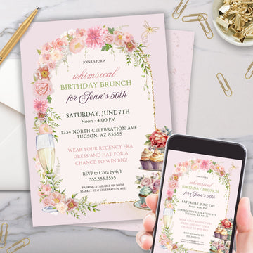 elegant pink floral brunch invitations for regency era inspired events